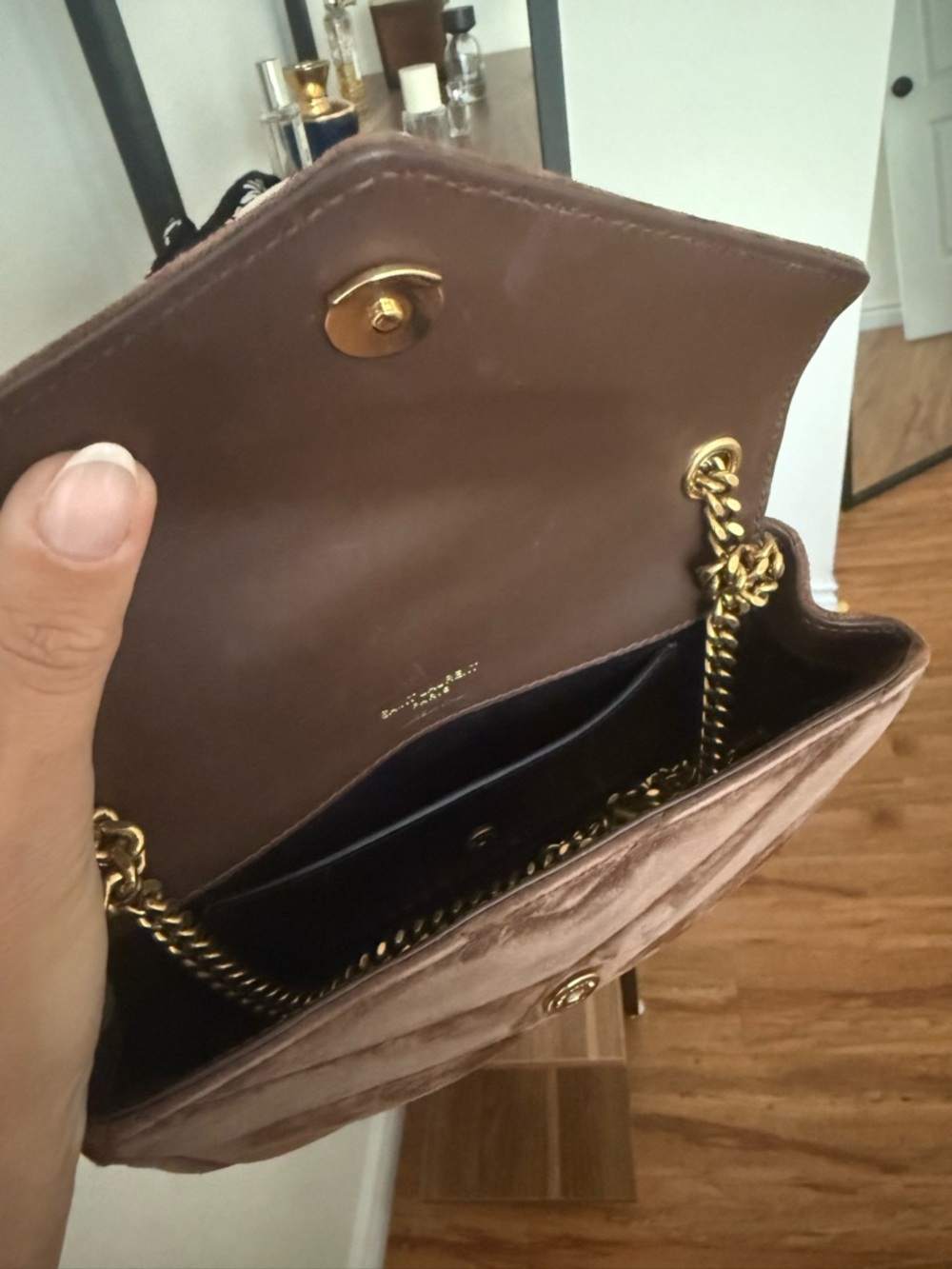 Saint Laurent Brown Suede Small Chain Envelope Bag - Picture 8 of 10
